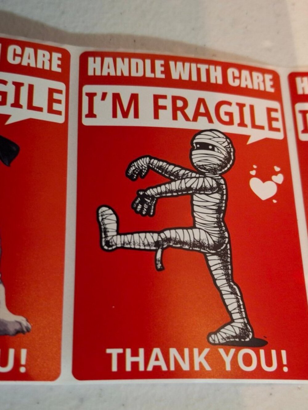 Funny FRAGILE Stickers – Set of 3 Large 3"x2" (Mummy Pug) 25 Stickers
